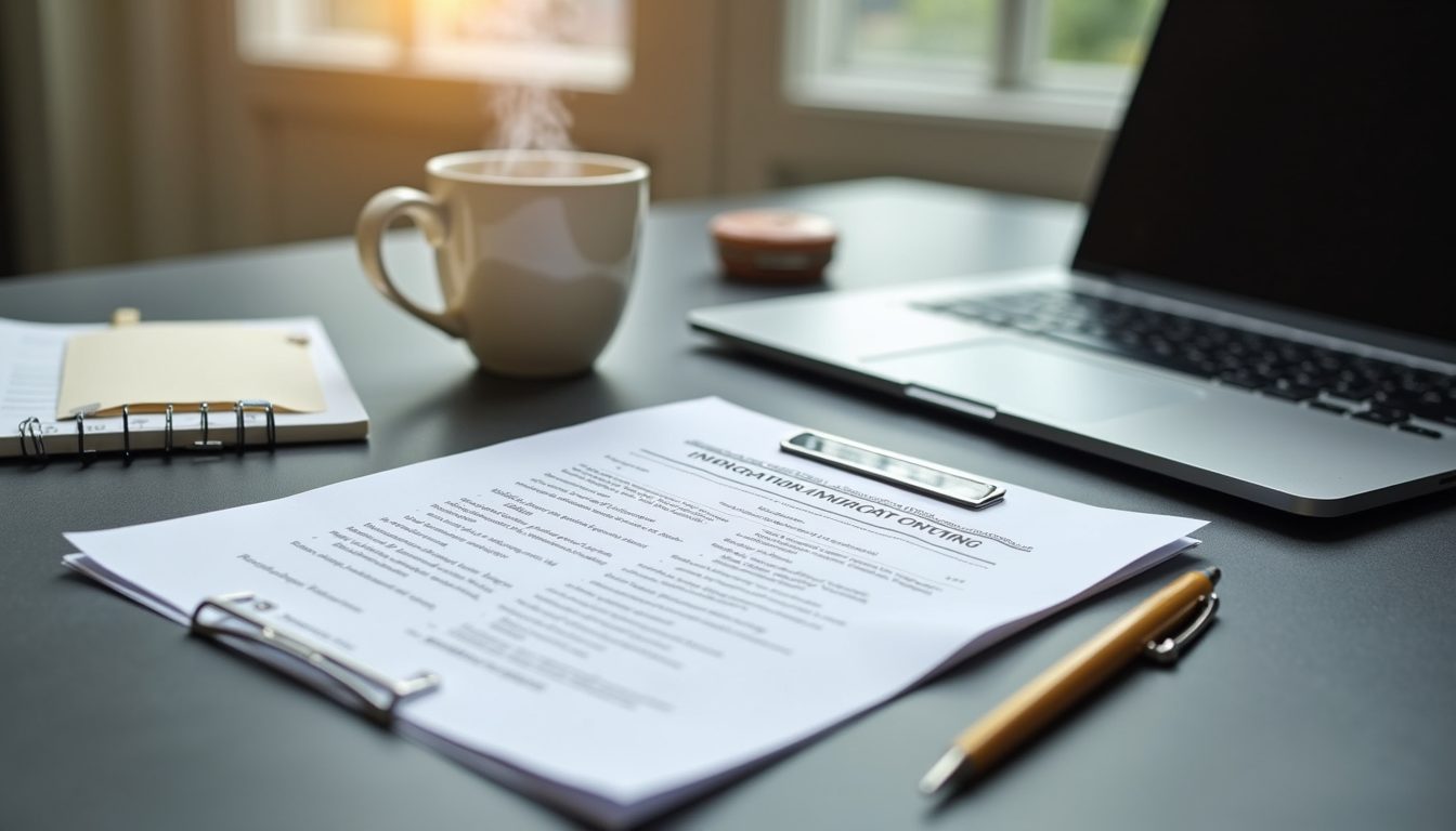 An immigration application form on a desk beside a laptop, a notebook and a cup of coffee.