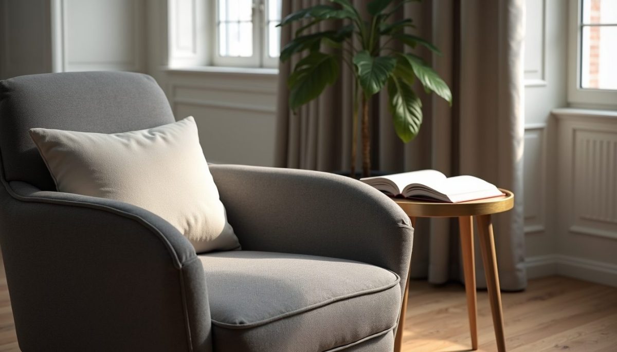 A grey armchair beside a small table holding an open book, in a bright, quiet room.