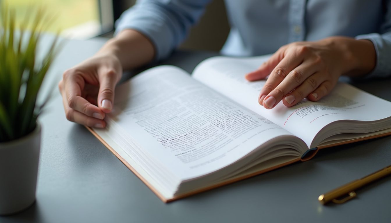 A person turning the pages of an open reference book on a desk.
