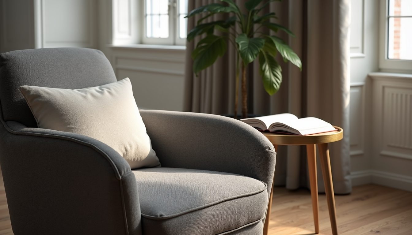 A grey armchair beside a small table holding an open book, in a bright, quiet room.