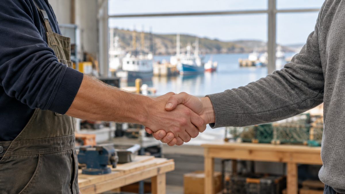 An employer and a new hire shaking hands in a workshop, with a harbour and fishing boats visible through the window.