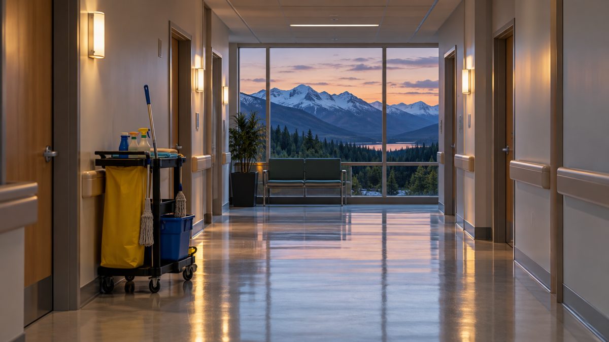 A clean corridor in a rural hospital, with a cleaning cart by the wall and snow-capped British Columbia mountains through the window.