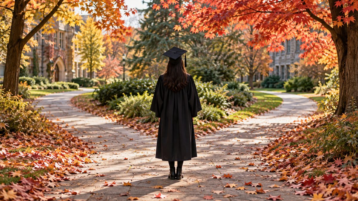 A graduate in cap and gown, seen from behind, where a campus path splits in two under autumn maples.