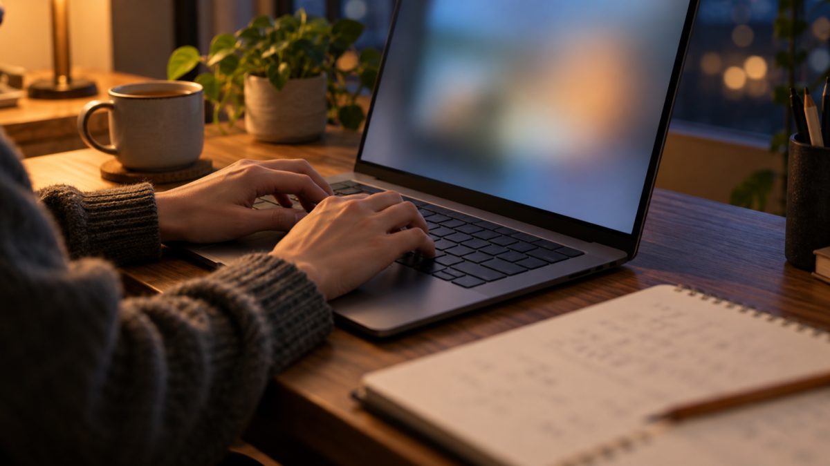 Hands typing on a laptop at a home desk in the evening, beside a notebook of handwritten calculations and a mug of tea.