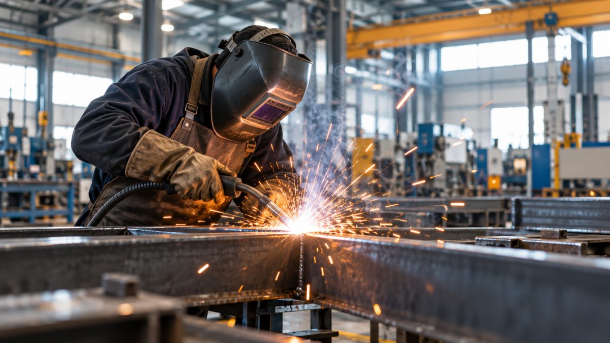 A welder in a protective helmet working on a steel beam in an industrial workshop, sparks flying.