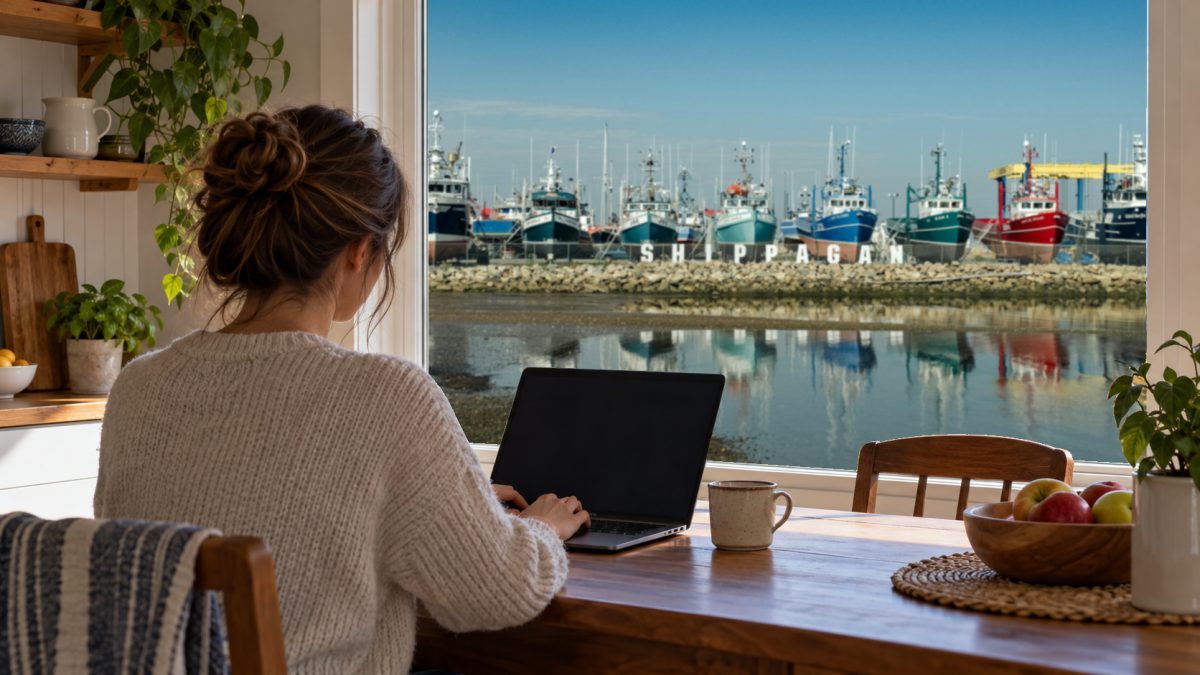 A person working on a laptop at a kitchen table, looking out at the fishing fleet in the harbour of Shippagan, New Brunswick.