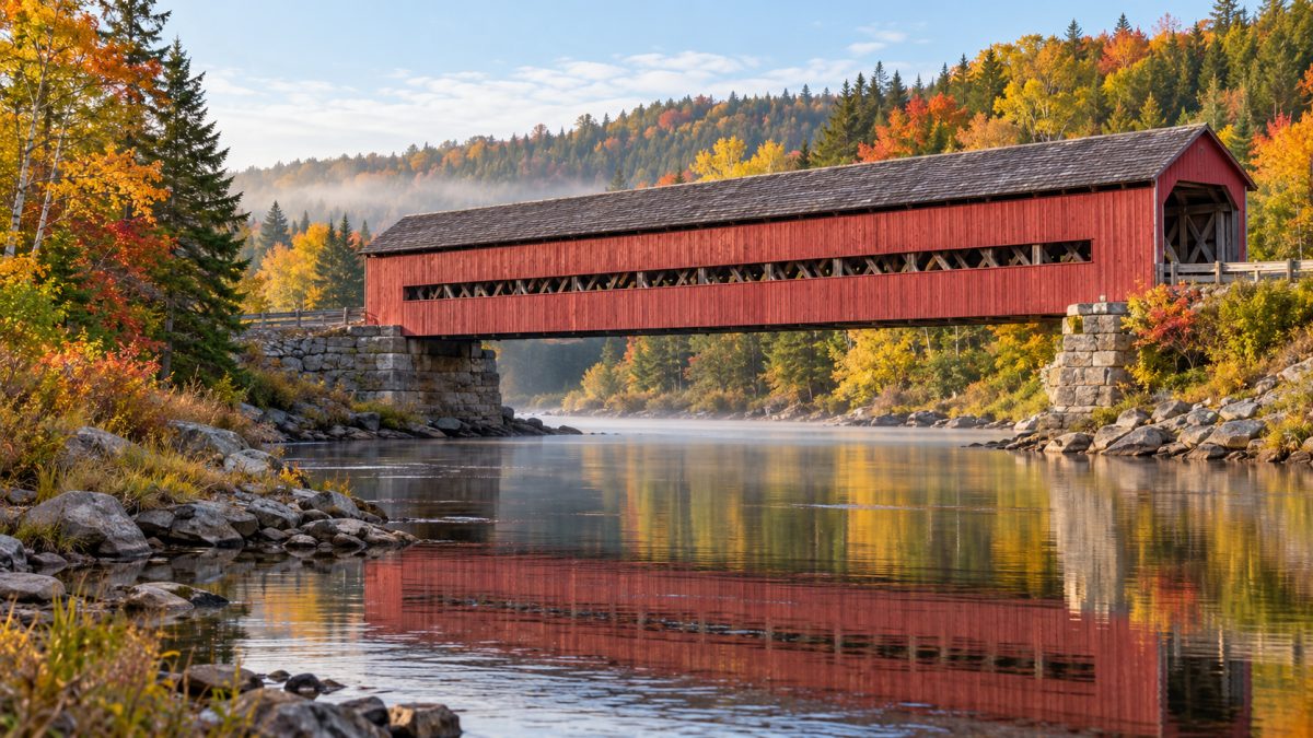 A red covered bridge over a calm river in rural New Brunswick, surrounded by autumn forest.