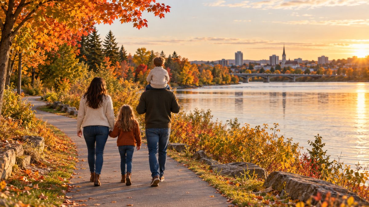 A family of four walking along a riverside trail in autumn, one child riding on a parent's shoulders.
