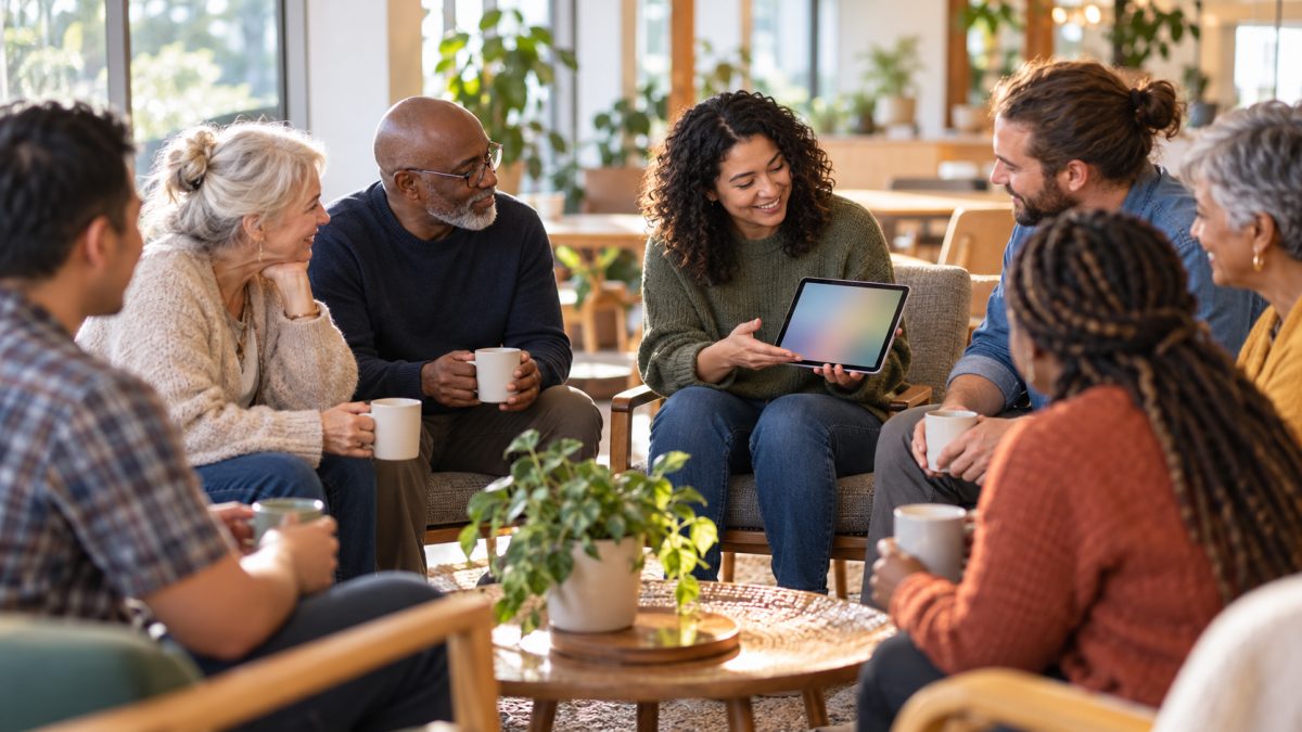 A small group of adults seated in a circle at a community centre, talking over coffee with a volunteer.