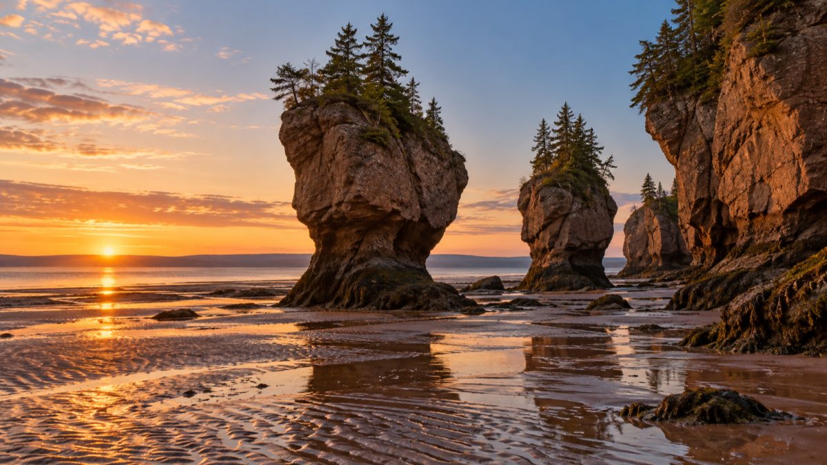 The Hopewell Rocks on New Brunswick's Bay of Fundy at low tide, at sunrise.