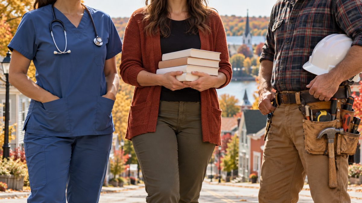A nurse, a teacher and a carpenter standing side by side in a small New Brunswick town in autumn.