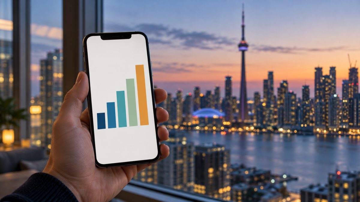 A hand holding a phone showing a rising bar chart, with the Toronto skyline and CN Tower at dusk behind it.