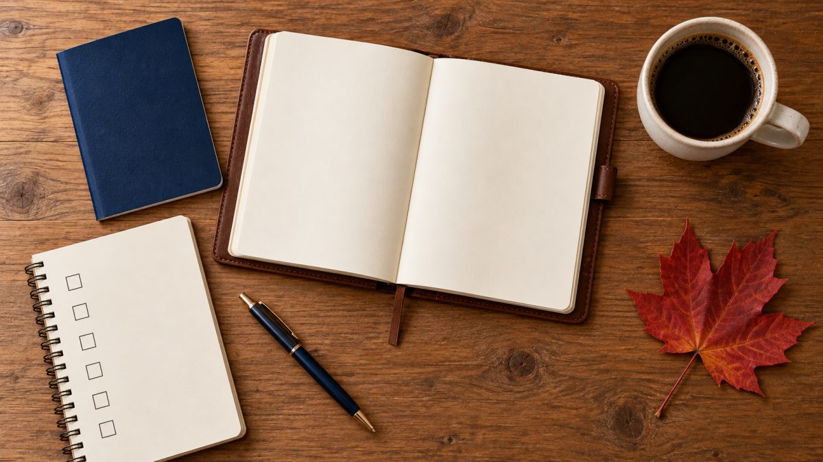 A passport, an open planner, a blank checklist, a pen, coffee and a red maple leaf on a wooden desk.
