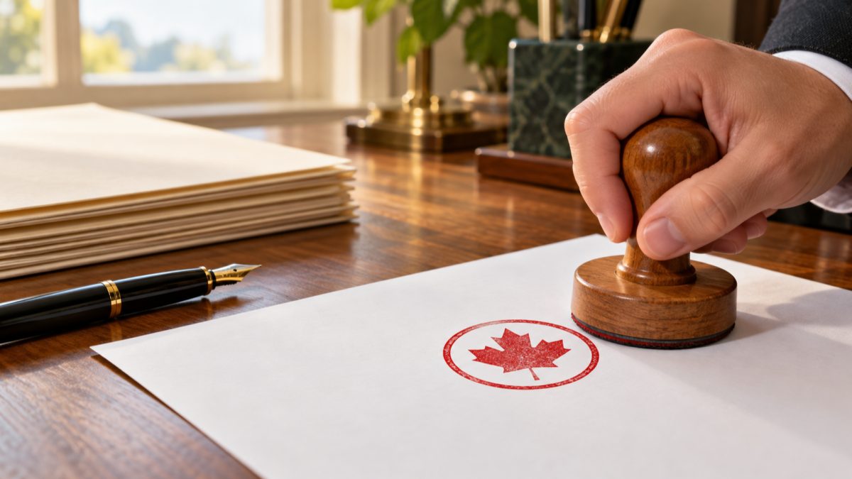 A hand pressing a rubber stamp onto a document, leaving a red maple-leaf seal, beside a fountain pen and a stack of folders.