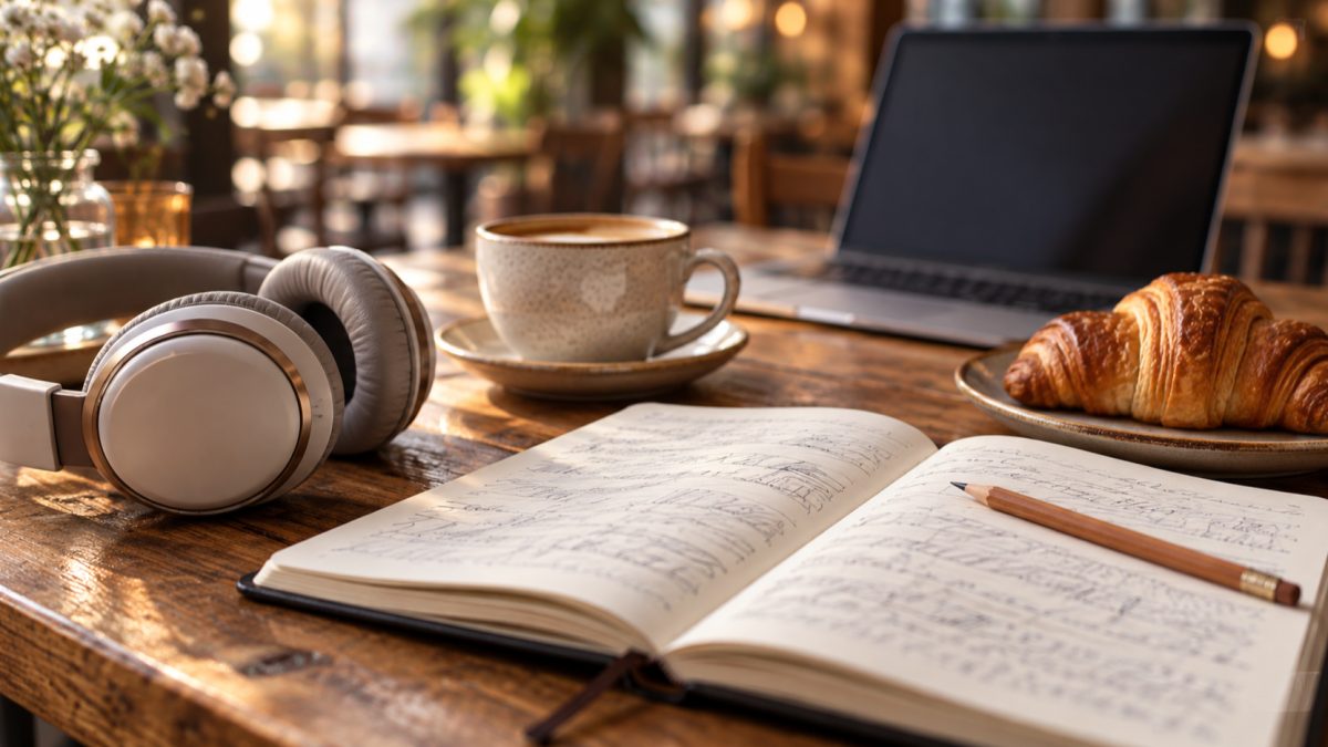 A café table set for language study, with headphones, an open notebook, coffee and a croissant.