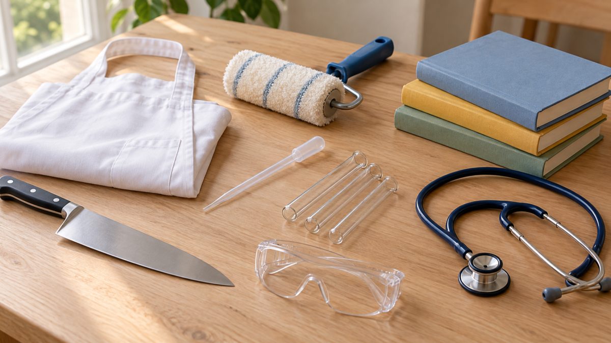 Tools from several occupations on a wooden table: a chef's knife, a paint roller, a lab pipette, a stethoscope and children's books.