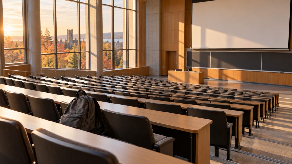 An empty university lecture hall in autumn light, with one backpack left on a seat.
