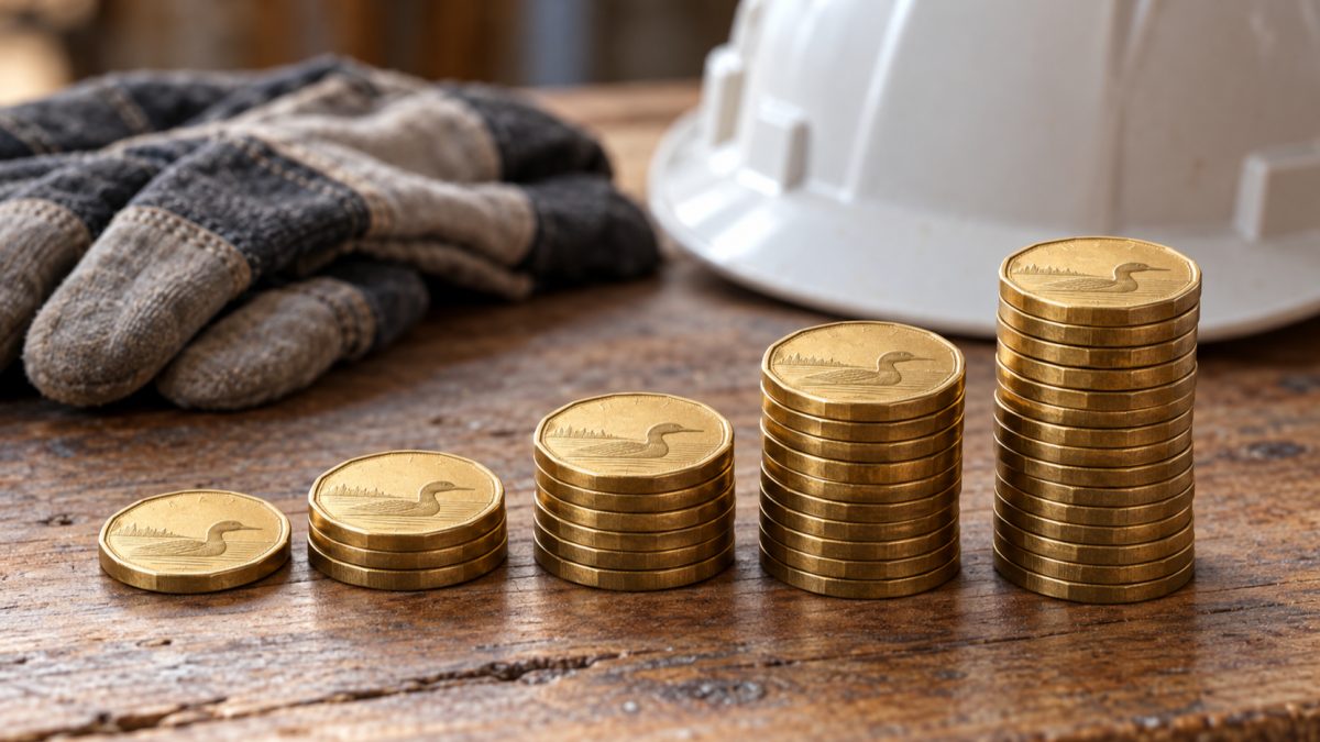 Stacks of Canadian one-dollar coins rising in height, with work gloves and a safety helmet behind them.