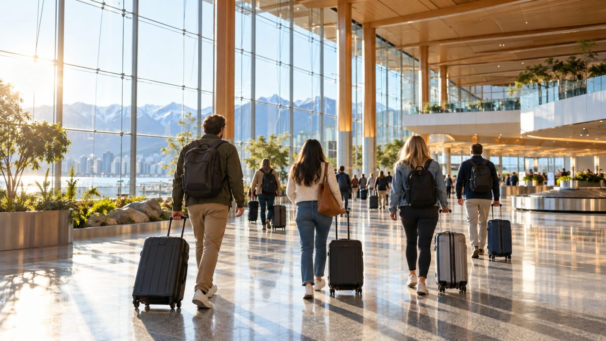 Travellers with suitcases walking into a bright Canadian airport arrivals hall.