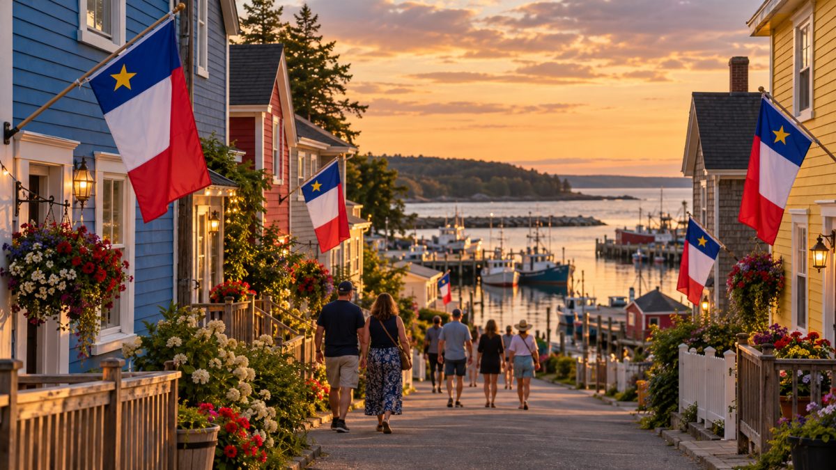 Acadian flags hanging from colourful wooden houses along a seaside village street in New Brunswick.