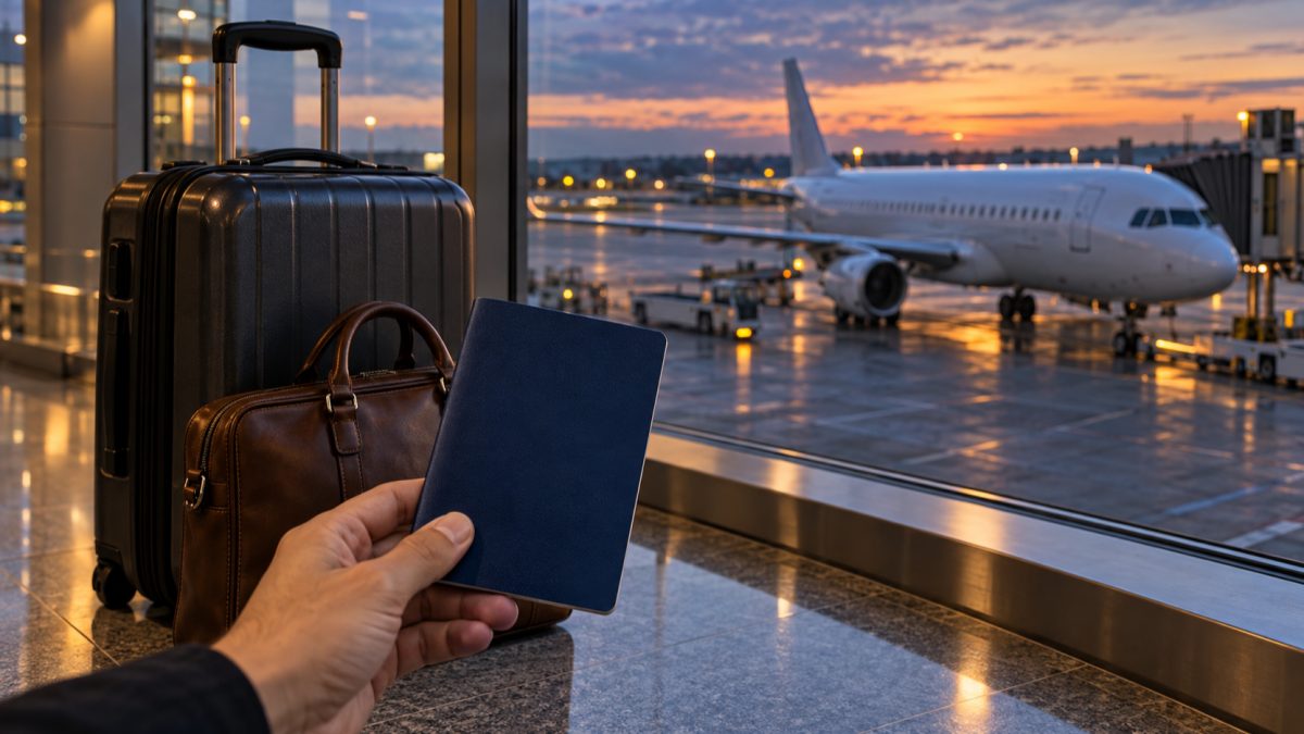 A traveller holding a passport at an airport gate window, with luggage and a plane on the tarmac at dusk.
